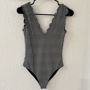 Black White Gingham Check Stretch Scallop Double Sided Slip On Bodysuit M/L